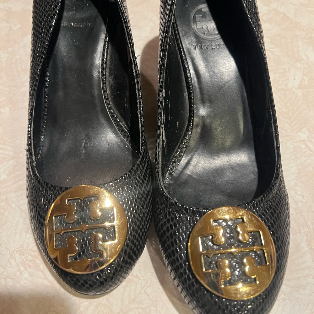 Black Leather Tory Burch Wedge Heel Shoes